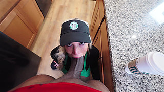 Busty Starbucks Barista Squirts All Over BBC and Swallows Cum During Her Shift!!!