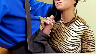 Geeky asian secretary giving a quick BJ