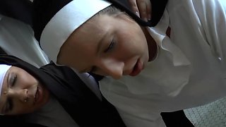 Young blonde was shirking from work and was punished by a crowd of nuns.