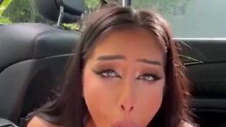 Latina beauty swallows a big cock in her car