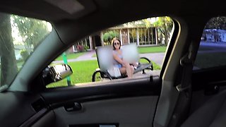 Amazing busty brunette slut doing blowjob outdoor