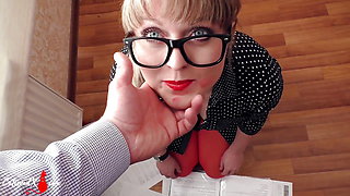 Secretary sucks big cock boss and cumshot on face POV