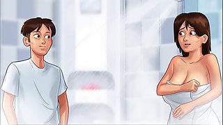 Naughty gamer gets a blowjob from big tits mom in the bathroom
