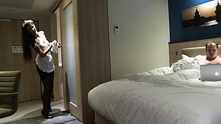 Cleaning Lady Comes to the Hotel Room and Cleans the Guest's Cock