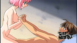 Bright pink haired busty hentai nympho gets pussy licked properly
