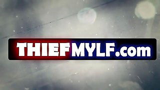 Suspect is a woman with black hair. She identifies herself as Becky Bandini. Her male accomplice is observed stealing items from the storefront. - FULL SCENE on http://thiefMYLF.com
