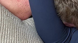 Cruel Headscissors in Blue Leggings on the Couch