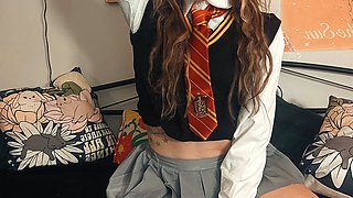Hermione Granger rubs her clit, fucks her magic wand, shakes some ass, rides and fucks her dildo before sucking it