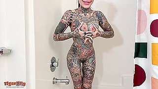 Tattooed Milf With Big Tits & Split Tongue Masturbating In Shower Until She Squirts