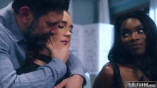 Guy finds submissive wife and her ebony bff in fetish gear