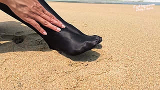 863 Shiny Black Stockings on the Beach