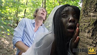 Sexy Ebony Runaway Bride Fucks With an Insurance Agent In the Woods While Her Fiancé Is Looking For Her