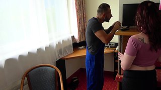 Chubby German amateur teen fucks the handyman