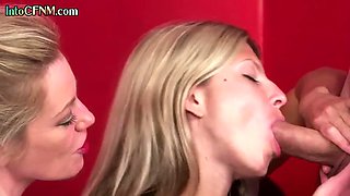 CFNM 21 year old chick blowjob learns to suck from MILF instructions