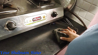Indian maid sends her step daughter to work and the house owner fucks her in the kitchen (clear hindi audio)