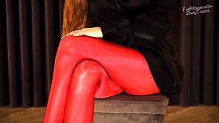 896 Shiny Red Pantyhose and Black Silk Dress