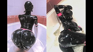 Rubber doll in a gas mask takes a bath