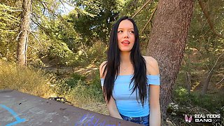 Pretty brunette is getting her tight pussy fucked outdoors at the casting