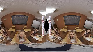 Petite, small-titted Harmony Rivers, Laney Grey, and Selina Bentz get down and dirty with the professor in virtual reality classroom