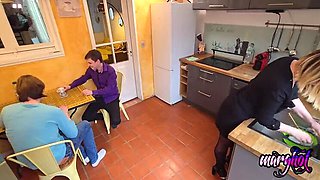 Hot Stepmom Gets Double Teamed by Stepson and His Boyfriend in Kitchen - Hardcore Threesome
