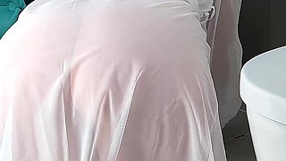 Stepmom Cleans the Bathroom in Her Sheer Dress. Slowly