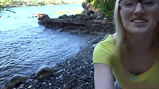 Beautiful blonde gives a great blowjob in the woods.