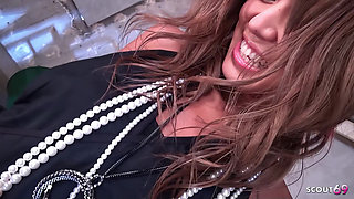 Skinny tanned Japanese Teen Model with perfect Pussy Pick Up and seduce to Suck at Uncensored JAV Porn