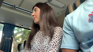 Risky public bus handjob with cum on russian babe's hand