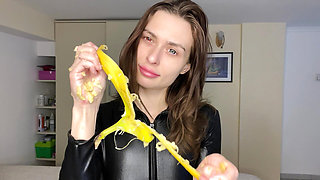 Latex Fetish Tease - Crushing Oiled Banana POV