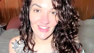 Busty curly brunette with big boobs fucks on couch