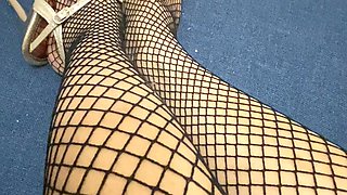 Sexy Asian Legs and Tiny Feet with Long Toes in Fishnet Stocking Wearing High Heels