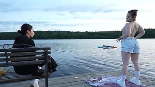 Two Teens Strip Naked at Lake and Get Fucked by Surfer in Outdoor Threesome