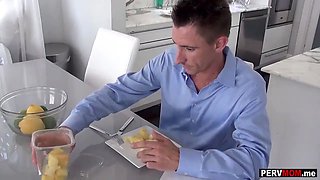 Thin stepmom eating cock during breakfast in front of stepfather