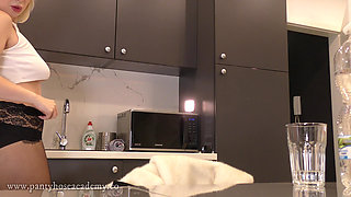 Hot and sexy tight pussy blonde wife in the kitchen shows her sheer shiny black pantyhose and takes off panties