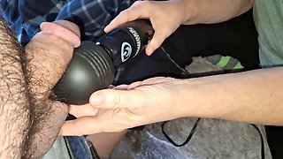 Using an electro-hitachi on my balls before she deepthroats and swallows my load