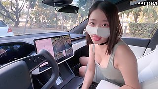 Cute japanese car dealer is making her client buy a new tesla