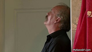 Horny old granpa licks and fucks her young pussy