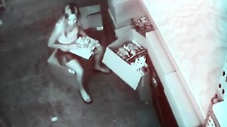 Stock room slut masturbating