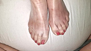 Cum on perfect wife's brown nylon feet - red polish pedicure