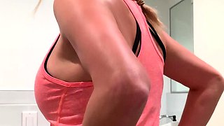 Tight ass kinky blode with big boobs masturbates outdoor