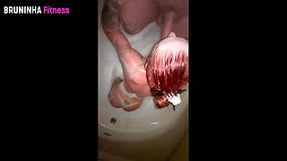Hot redhead in the hydro gives a blowjob all over and smears herself all over