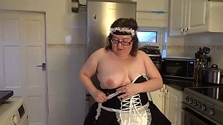 French Maid in the Kitchen Playing with Big Black Dildo