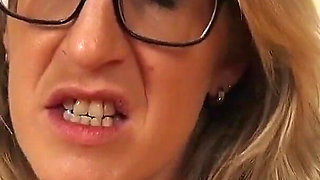 Blonde milf shows her horny pussy while she dildoes herself