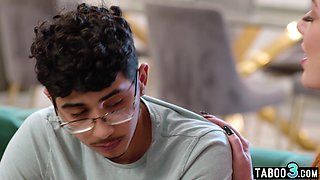 Stepmom guides son through his first sex