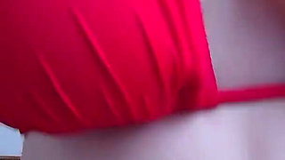 Big Bouncy Boobs in Red Bikini Stripping