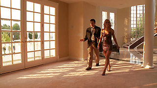 Cute blondie deep throats a horny stud on the staircase