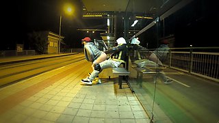 Really Risky Sex at a Bus Stop with a Young Stepsis That Ends with an Orgasm and a Cumshot