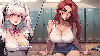 Anime redhead shows off while riding a BBC dildo in the shadows