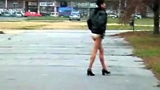 Brunette Flashing Her Titties And Pussy Outdoors In Public