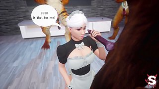Wild huge-boobed maid offers mind-blowing blowjob to all the furries that stop by